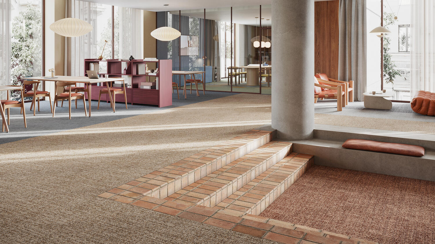 Lobby corporatif premium au Québec avec carreaux de tapis Desso